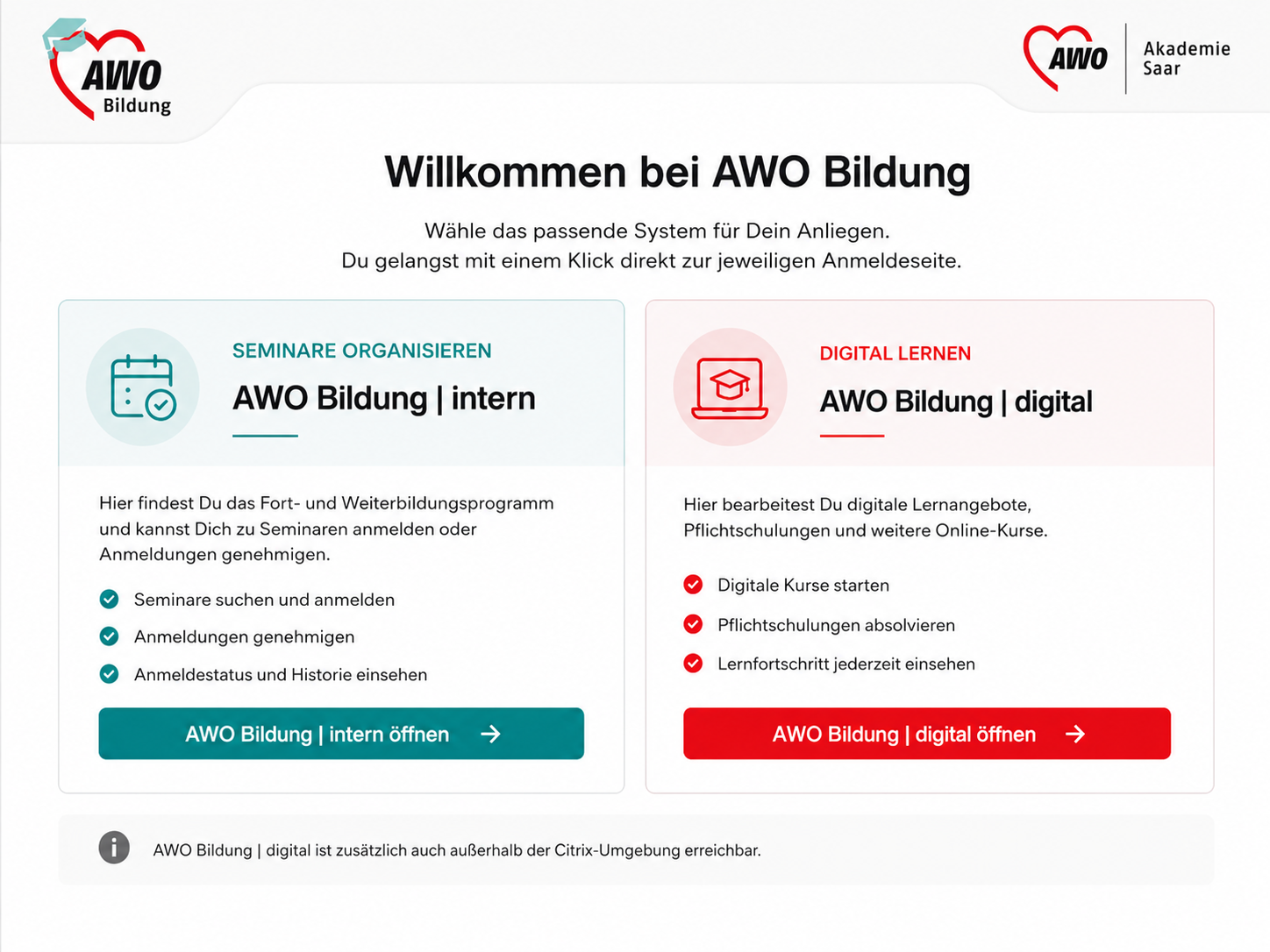 AWO Bildung – Auswahl zwischen AWO Bildung intern und AWO Bildung digital